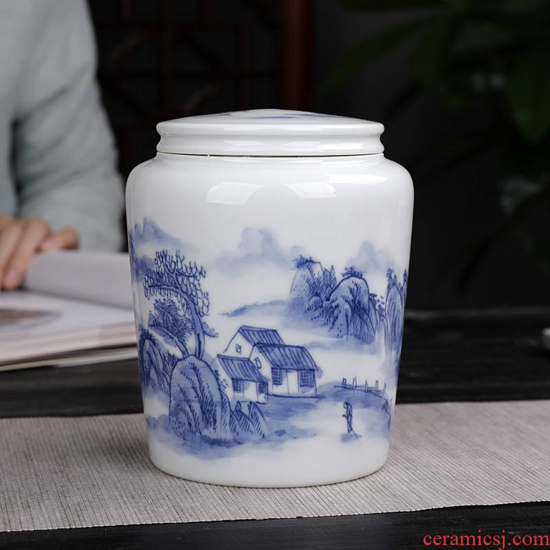 Jingdezhen hand made blue and white porcelain tea pot small straight receives ceramic seal tank storage POTS home half a catty