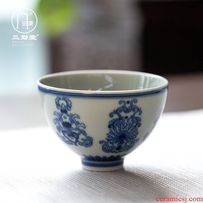 Three frequently hall blue cup tie up branch lotus antique hand cups of jingdezhen blue and white pressure master single cup large tea cup