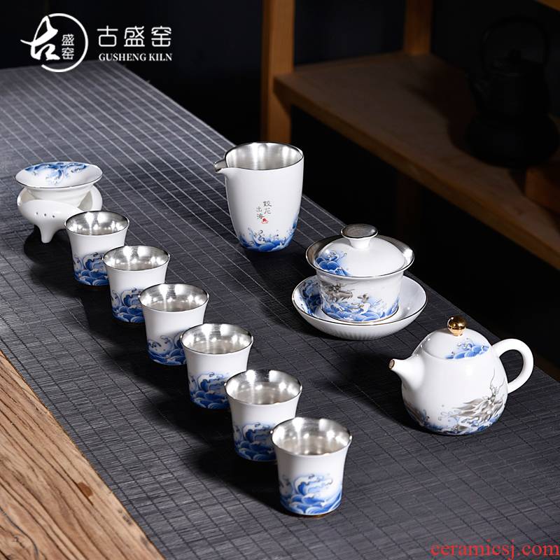 Ancient sheng sea coppering. As silver ceramic up of blue and white dragon suit kung fu tea set silver home tea tureen tea pot