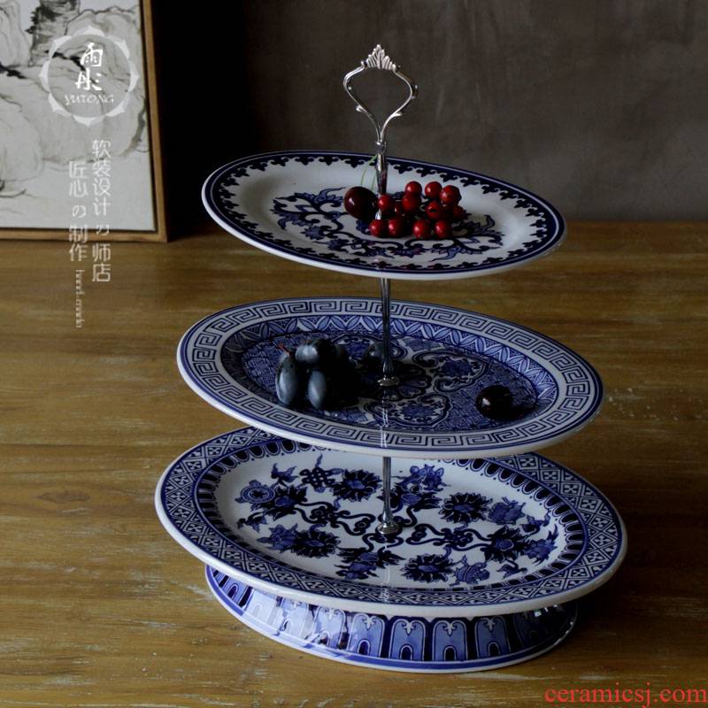 Europe type dry fruit tray was fruit bowl three the layers of blue and white porcelain of jingdezhen ceramic bowl sitting room key-2 luxury household decorative furnishing articles