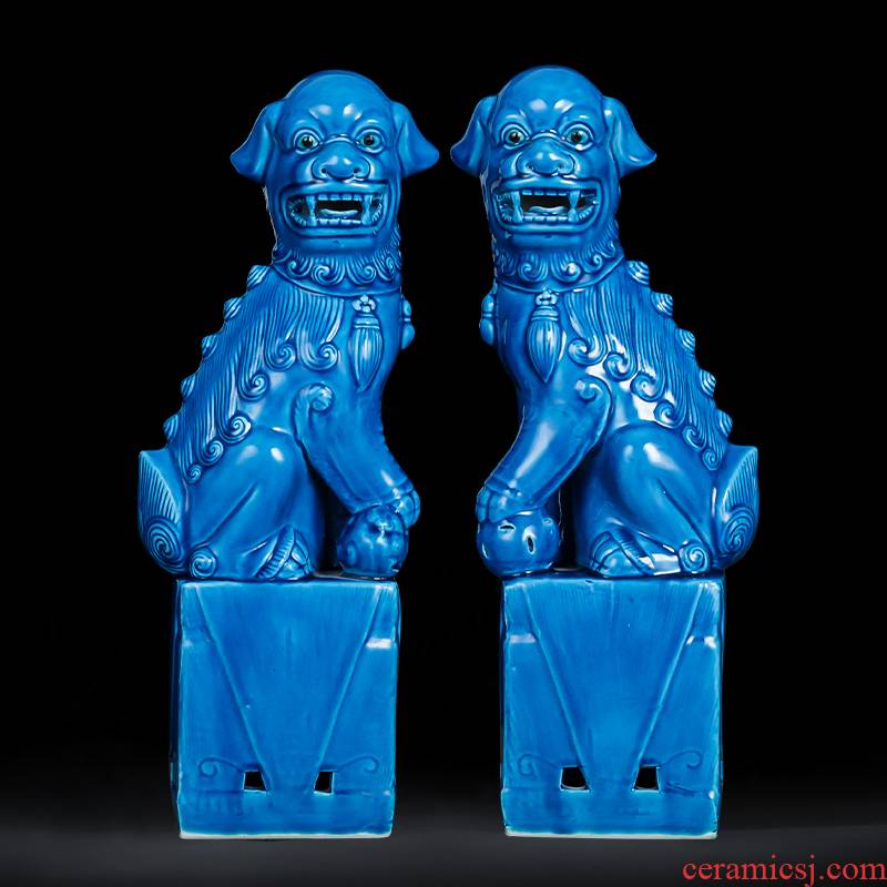 Jingdezhen ceramics slicing blue glaze lion a pair of large household craft jewelry classic nostalgic restoring ancient ways furnishing articles
