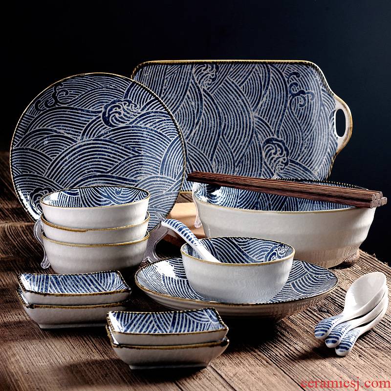 4 the hutch eat Japanese restoring ancient ways under glaze color porcelain tableware household food bowl plates spoon porcelain gift box sets