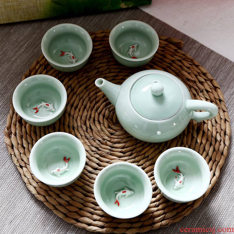 Celadon tea sets suit creative gift dehua kung fu tea cups fish small glass ceramic teapot with gift box
