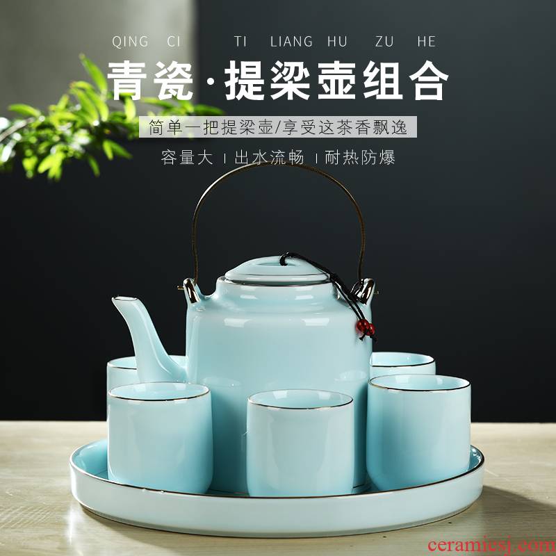 Jingdezhen ceramic tea set suit household contracted large shadow celadon girder pot of tea tea tray was mercifully tea kettle