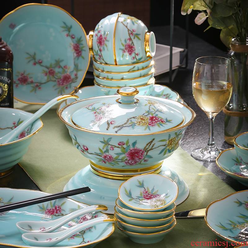 Jingdezhen Jingdezhen celadon tableware suit household of Chinese style up phnom penh dishes combine high - end dishes the icing on the cake