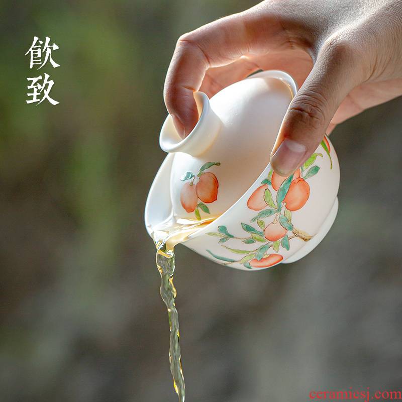 Ultimately responds to dehua white porcelain tureen thin foetus big hand - made suet jade porcelain three only a single tea tea bowl of kung fu tea cups