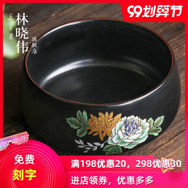 Grilled ceramic medium tea to wash the black pottery flower kung fu tea set with parts washing bowl washing the writing brush washer washing large tea spoon
