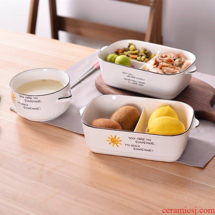 With cover space ceramic lunch box, the microwave for two or three points bento lunch box rectangle sealing bowl