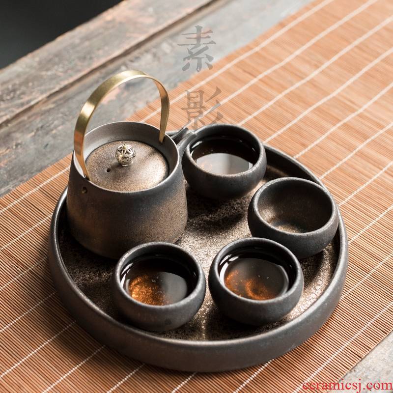 Qiao mu gold tea set suit thick ceramic girder pot fetal small bowl a pot of restoring ancient ways is four cups of dry tea
