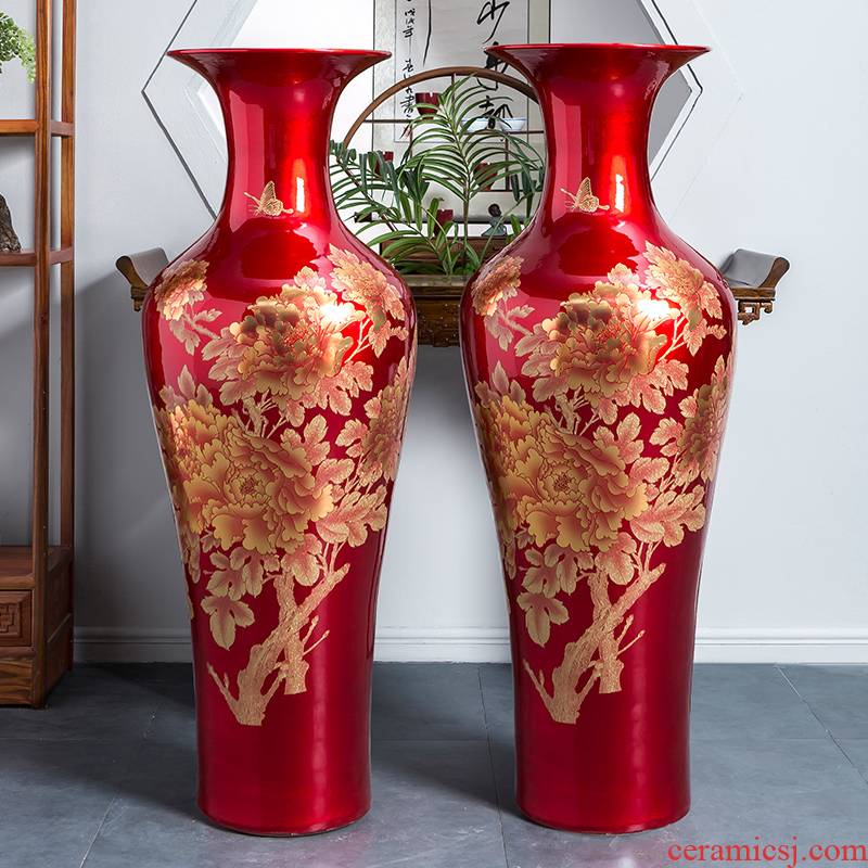 Jingdezhen ceramics China red crystal glaze peony vase of large sitting room place heavy large opening
