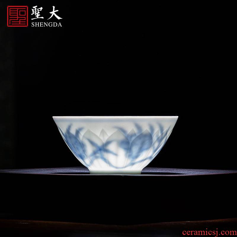 Santa teacups hand - made ceramic kungfu chenghua shadow violet petals blue okra grain hat to glass of jingdezhen tea service