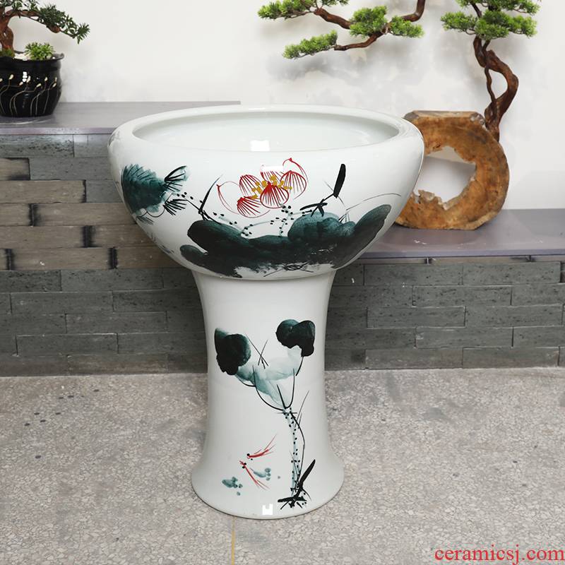 Jingdezhen ceramic floor pillar type tank oversized goldfish bowl lotus lotus feng shui is suing koi cylinder