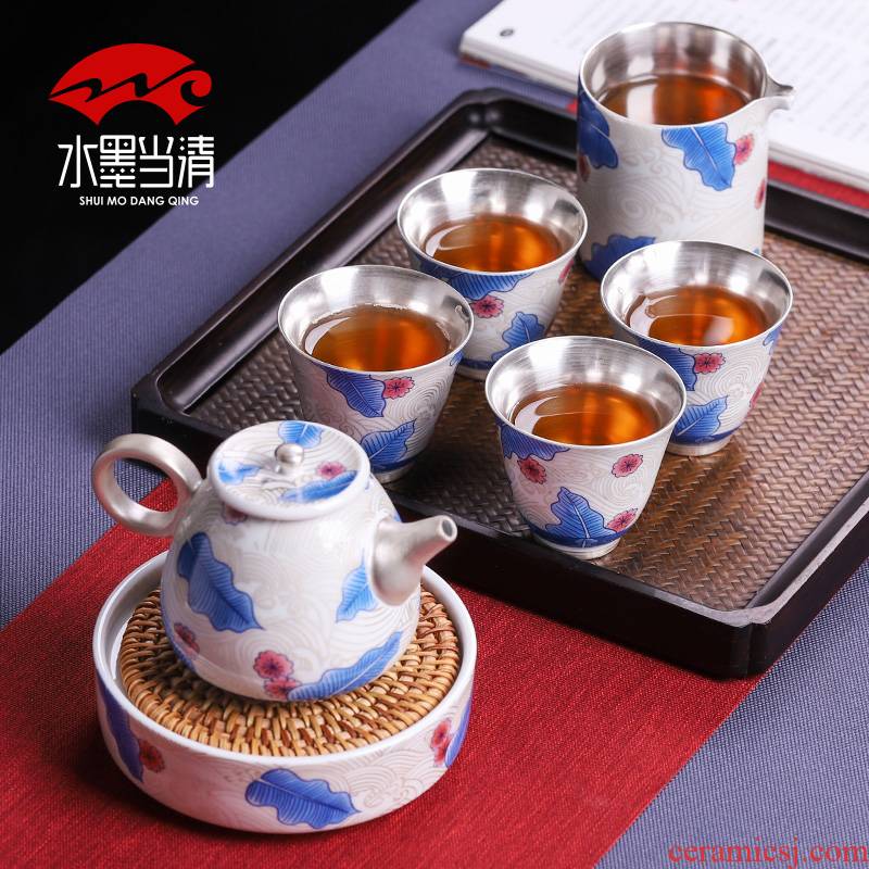 Tasted silver gilding kung fu tea set household silver teapot small ceramic cups a pot of four cups of high - grade gift box