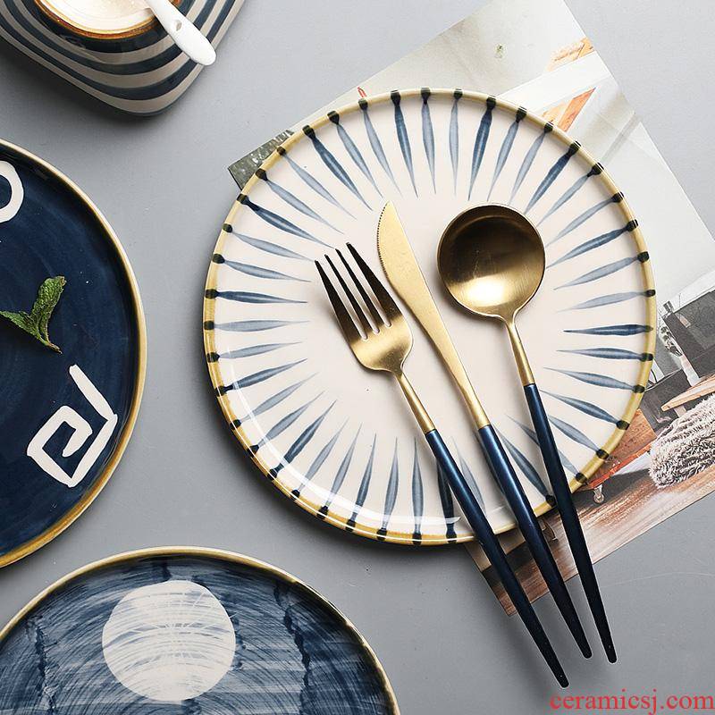 The Japanese kitchen hand - made ceramics steak dinner plate retro move dessert tableware plate disc household art