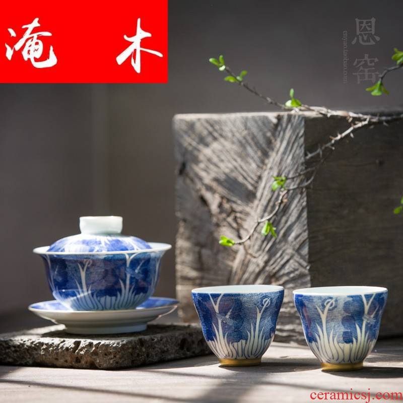 Flooded the blue and white hand - made wooden tureen jingdezhen porcelain tea set manually cabbage gold cup tea bowl set of gift box