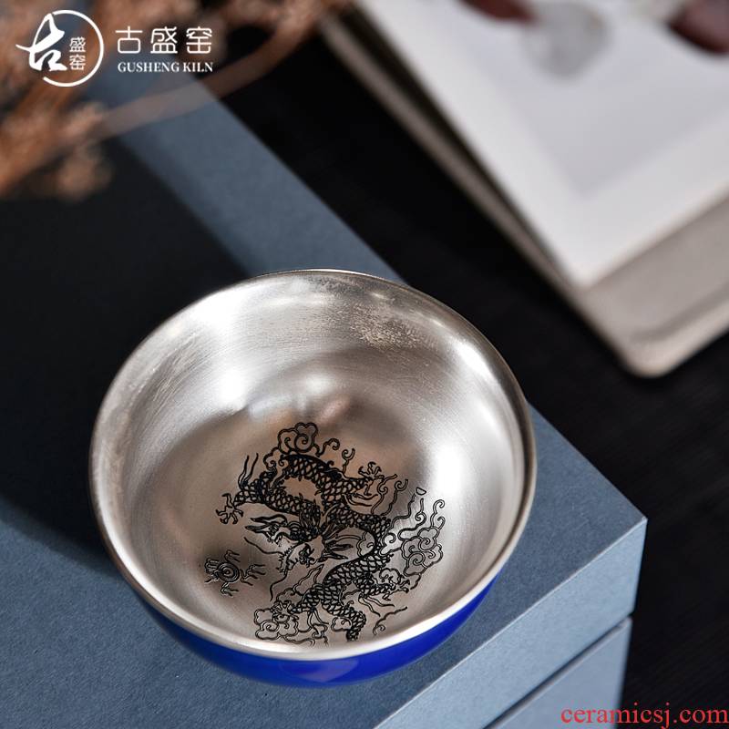 The ancient sheng up new gift boxes tasted silver gilding carved porcelain longfeng sample tea cup ji blue cup master cup kungfu single CPU