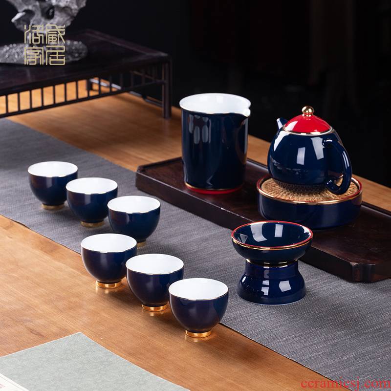 Ji blue glaze kung fu tea set suit household jingdezhen tureen teapot antique tea gift box gift fair keller