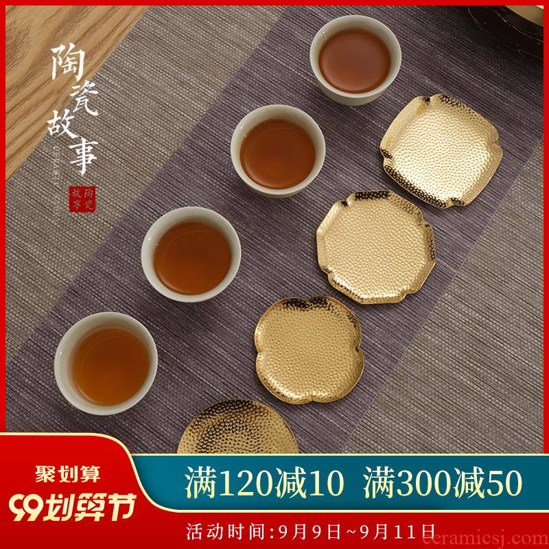 Ceramic story pure copper manual creative Japanese teacup pad alloy saucer blowout hot insulation kung fu tea accessories