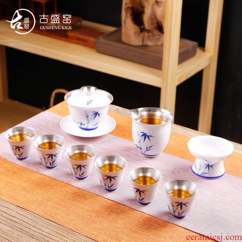 Ancient sheng up tasted silver gilding of blue and white porcelain tea set the whole household kung fu tea set silver colored enamel teapot tea cups