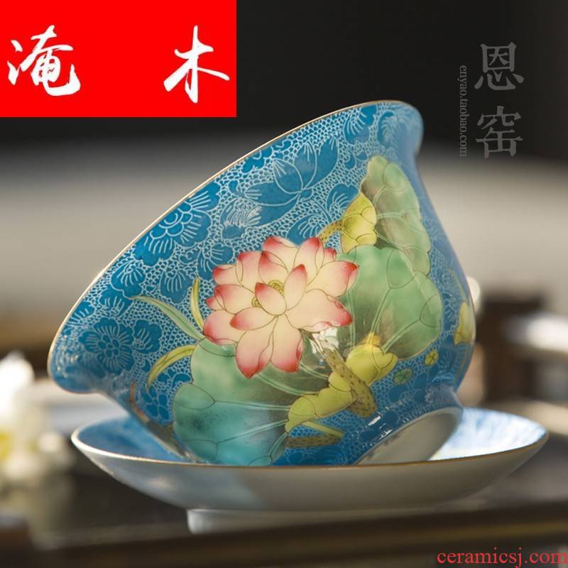 Submerged wood grilled pastel flowers tureen pastel name plum flower tea cup jingdezhen hand - made of hand - cut tea set three principal