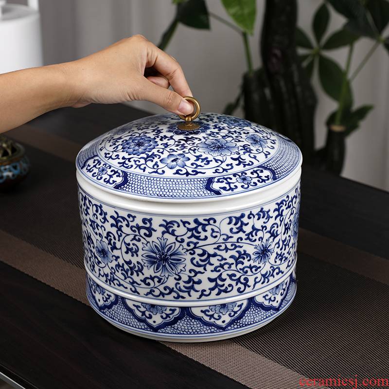 Blue and white porcelain tea pot ceramic tea cake large with cover tea box of storage tank with moistureproof furnishing articles