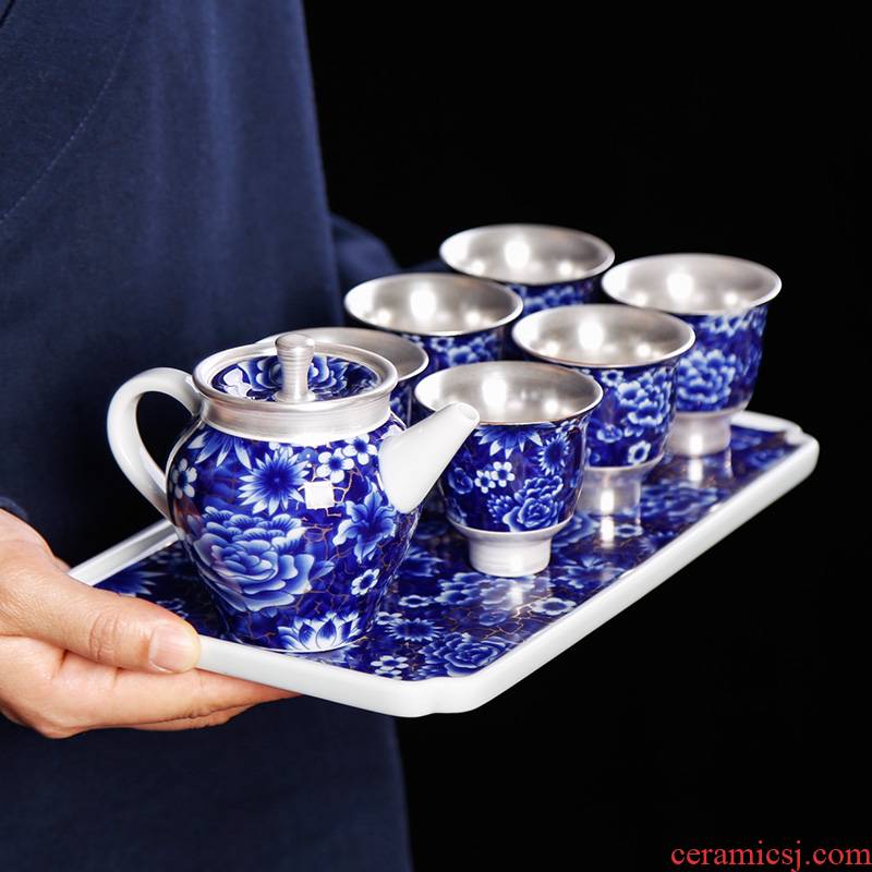 Kung fu tea sets, small home tasted silver gilding of blue and white porcelain ceramic teapot teacup 6 Chinese style restoring ancient ways is the office