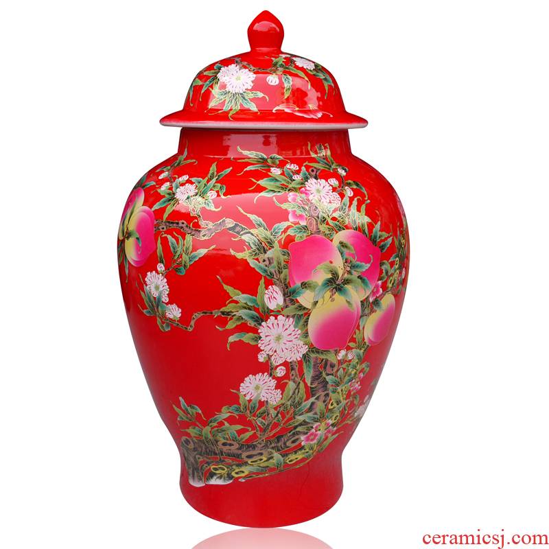 General festive Chinese red porcelain vase bottle ricer box with a cover General cylinder barrel surface peach as cans