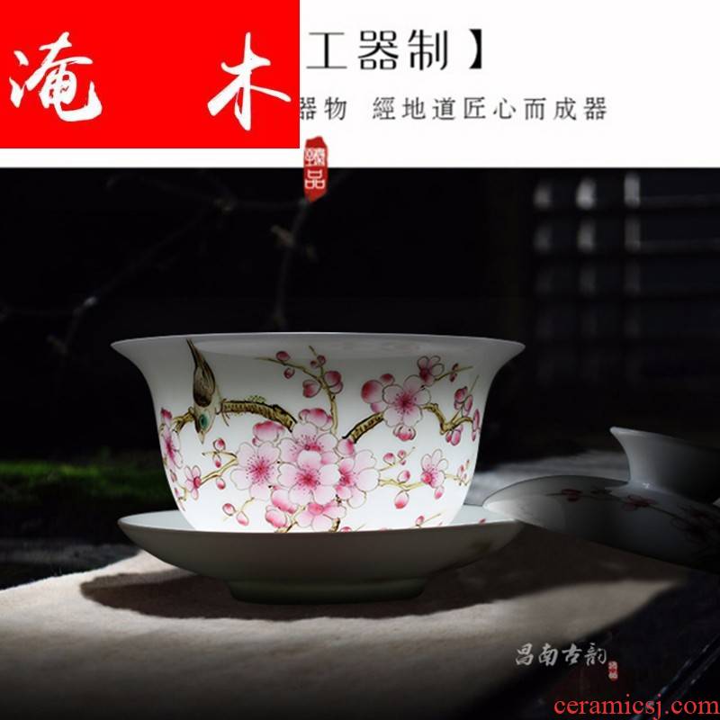 Submerged wood painting of flowers and tureen tea cup three manual kung fu tea bowl to bowl jingdezhen ceramic large pure hand draw pastel