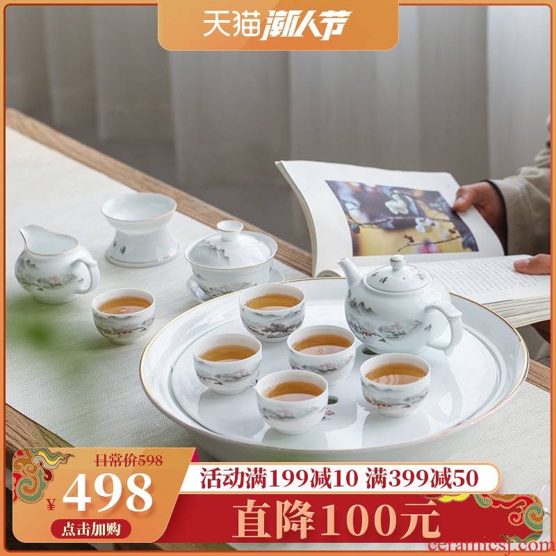 Kung fu tea set home office Chinese jingdezhen ceramic checking high - grade teapot tea tray of a complete set of cups