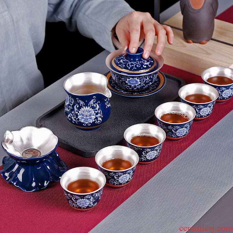 Kung fu tea set suit household jingdezhen porcelain ceramic GaiWanCha coppering. As silver cups contracted and I office