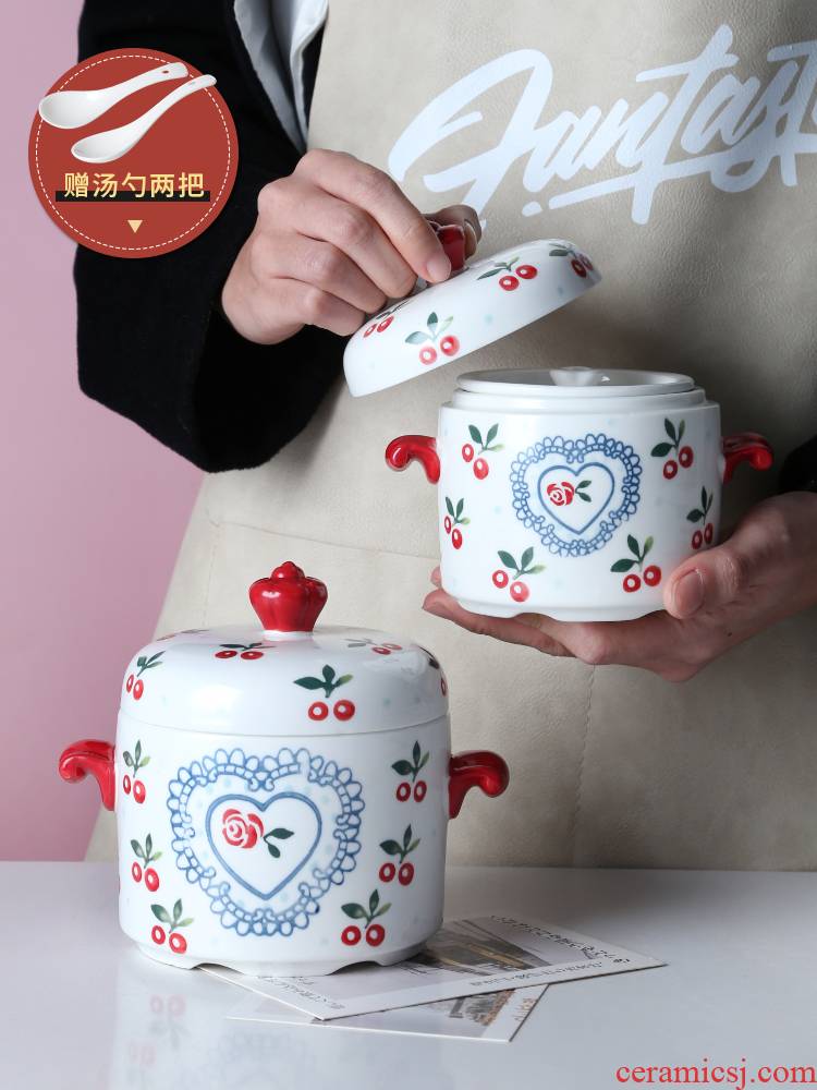 Northern wind cherry ceramics with cover small household stew water stew pot soup cup double cover the tank stew pot steamed egg dishes