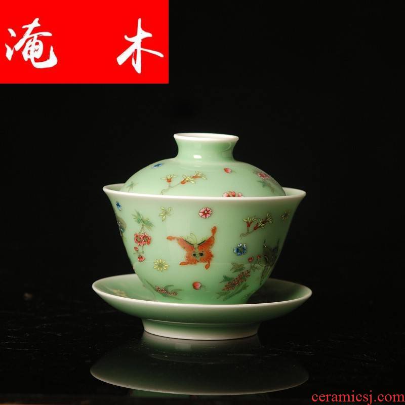 Submerged wood jingdezhen ceramic tea set hand made green glaze enamel butterfly three tureen large ceramic bowl cups worship