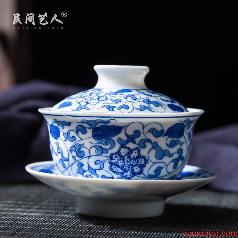Jingdezhen ceramic hand - made three series of finger bowl to bowl of blue and white tie up branches kunfu tea cup cup tureen