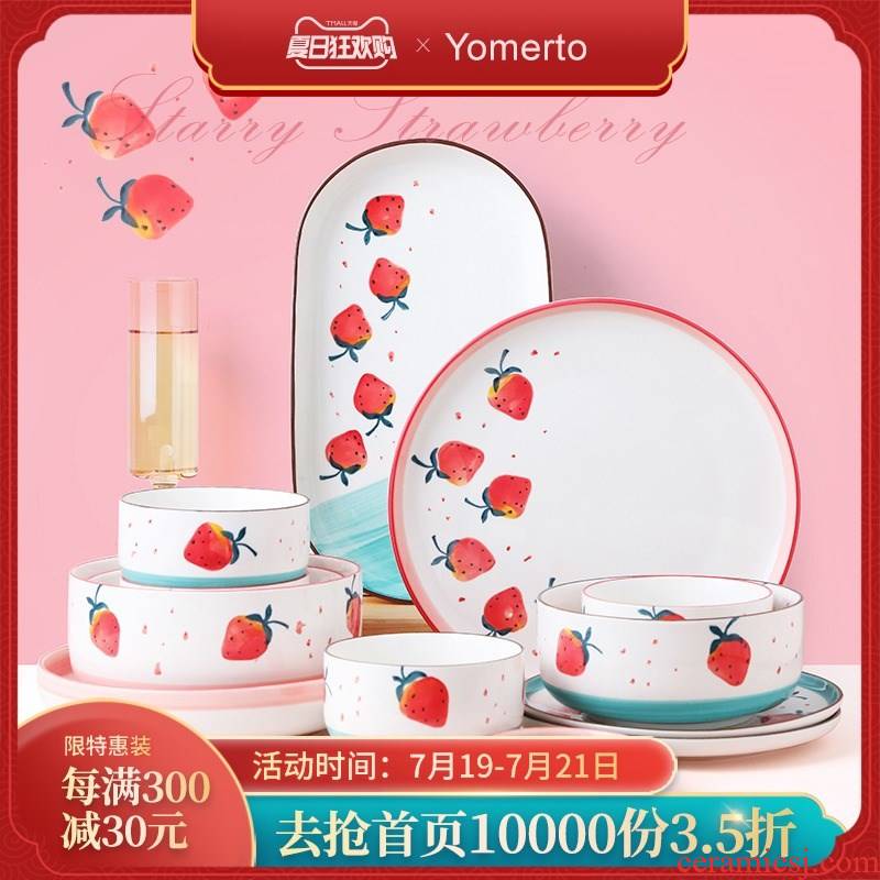 Strawberry ceramic bowl household express to use web celebrity cartoon plate dishes suit creative rainbow such to use a single disc
