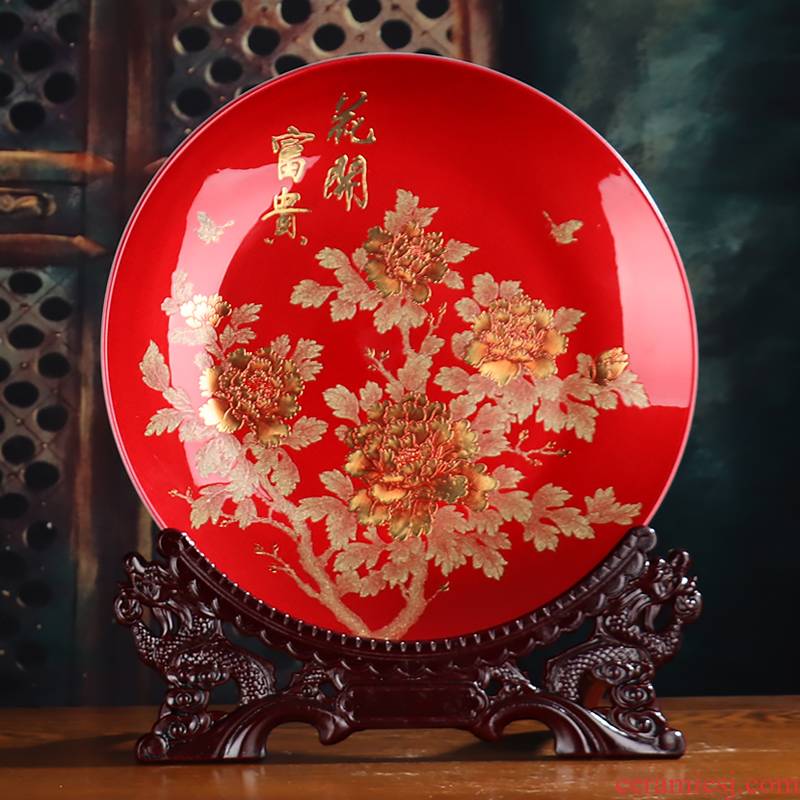 Sands peony large decorative plate crystal glazed pottery China wine crafts rich ancient frame sitting room porch