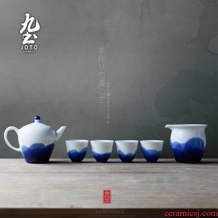 About Nine soil blue - and - white checking ceramic tea set fair zen landscape painting the teapot tea cup cup jingdezhen kung fu tea cups