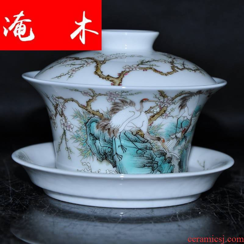 Flooded jingdezhen famous Jin Hongxia hand - made wooden g famille rose porcelain tea tureen only three cup "crane, mei"