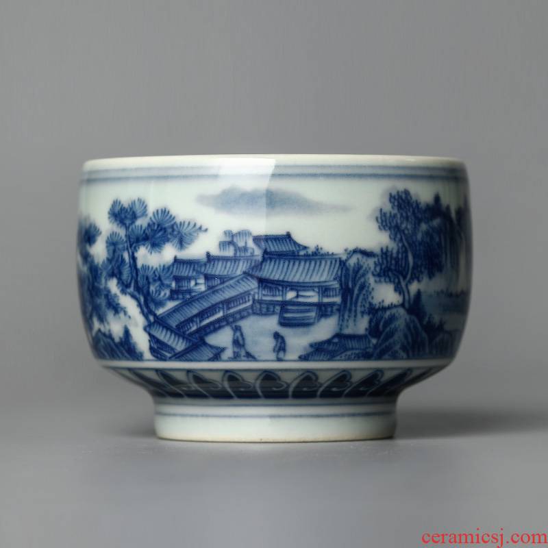 Blue and white master kung fu tea cup of pure manual sample tea cup single CPU jingdezhen hand - made ceramic tea set large landscapes