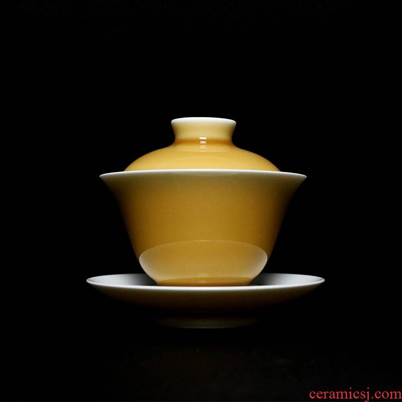 The Poly real view jingdezhen yellow glaze ceramic tea set three white porcelain tureen single pure manual tea bowl cups
