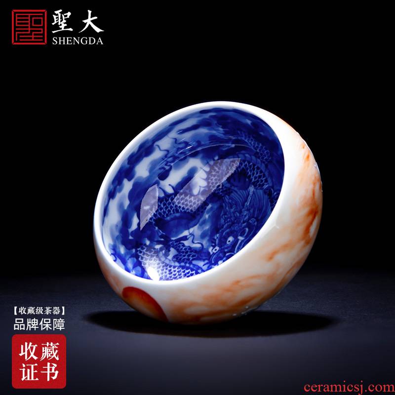 The big blue and white, blue and red color ceramic master kung fu tea cup longteng harmony cup of east China jingdezhen tea by hand