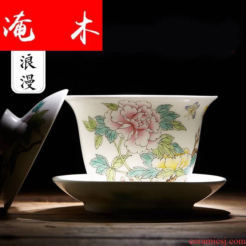 Submerged wood jingdezhen hand - made pastel peony large three to kung fu tea tea cup high - grade mercifully tureen ceramics