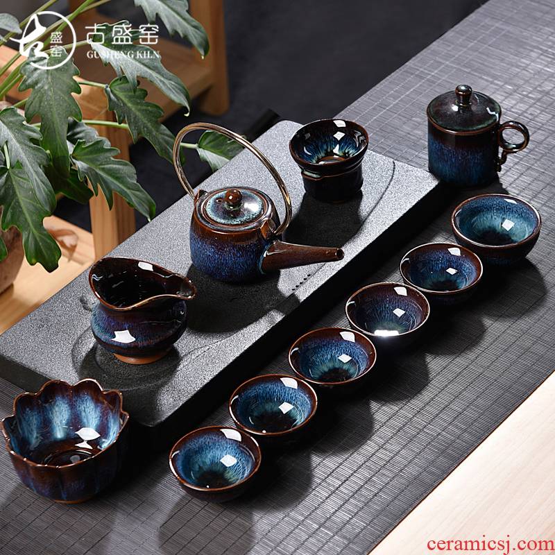 Ancient jun sheng jin jun porcelain up household suit tea cups furnace manual variable set of tea set masterpieces