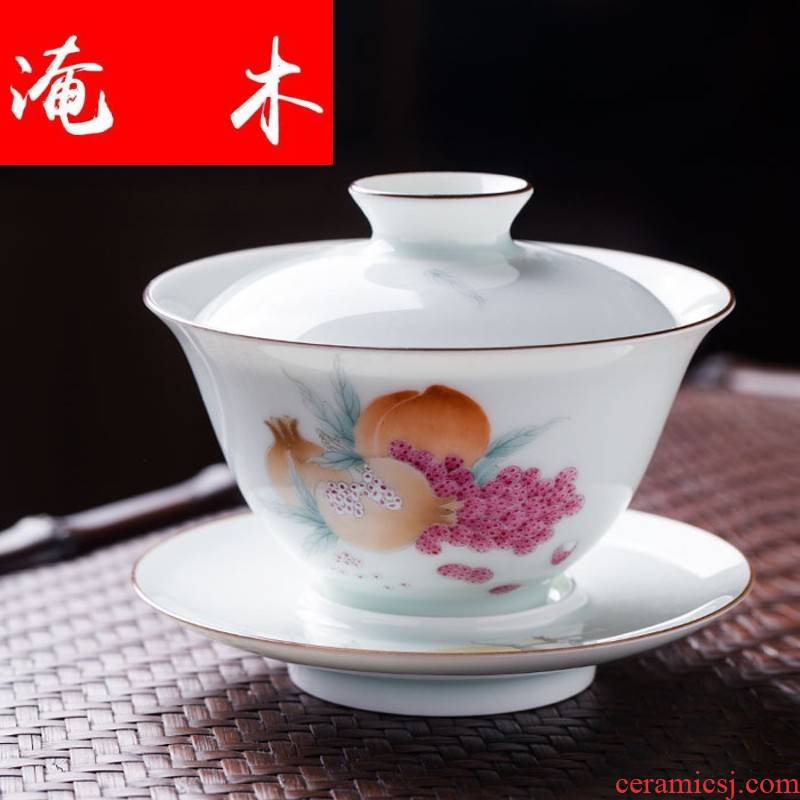 Flooded pastel hand - made wooden jingdezhen system thin foetus three photos to make tea tureen lid cup large bowl of ceramics