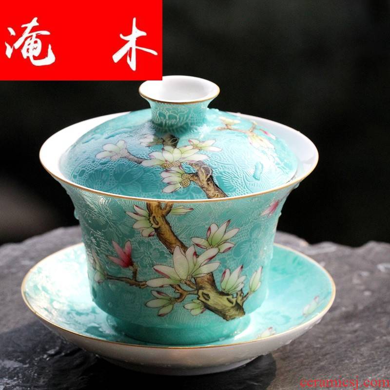 Flooded wood jingdezhen pastel steak demand open 】 【 spend tureen household hand draw three cups to use