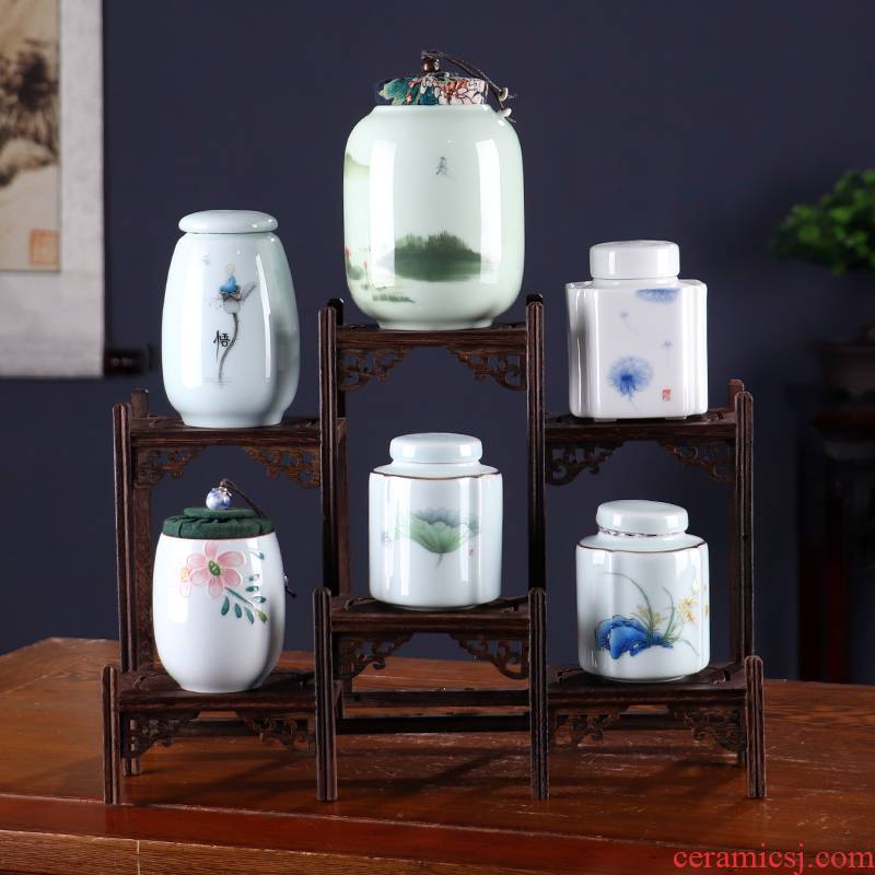 Caddy fixings move household ceramic sealed jar jar tea box storehouse travel portable pu 'er tea storage tank