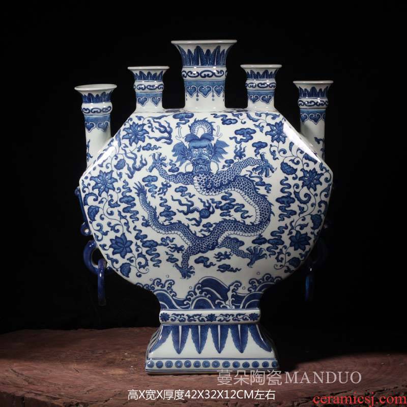 Jingdezhen blue and white dragon hand - made five Kong Bian porous porcelain ceramic pot candles bouquet Chinese fish dishes porcelain vase