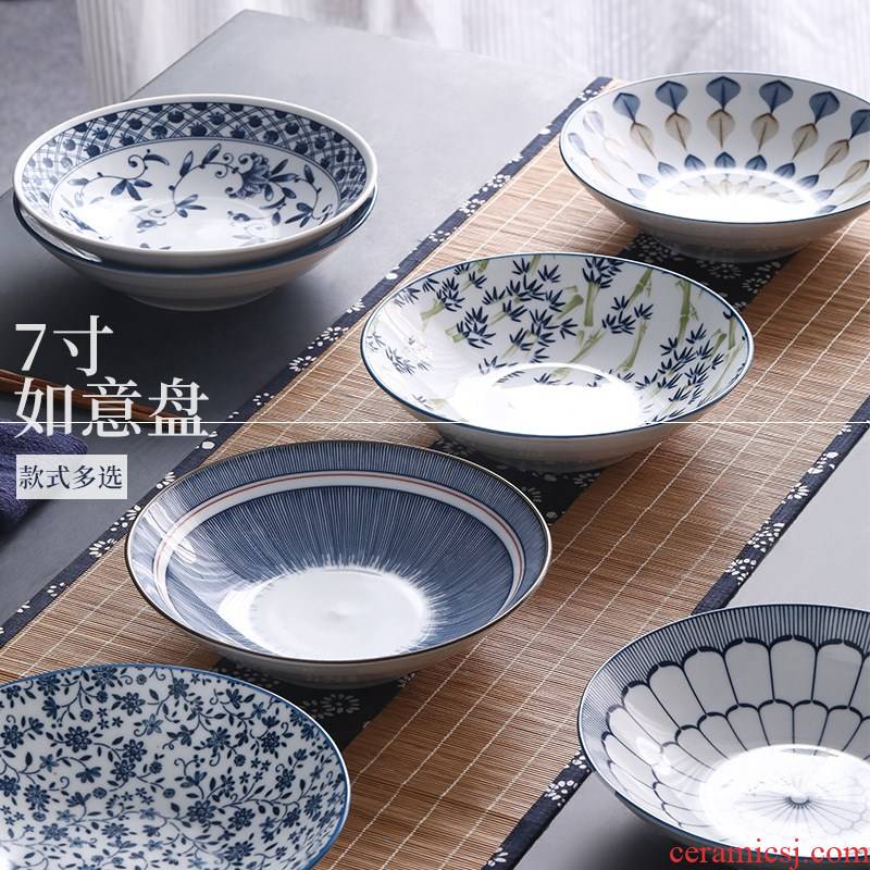 Jingdezhen blue and white glaze and Japanese hand - made color ceramic tableware ins creative move under the household 7 inch plate