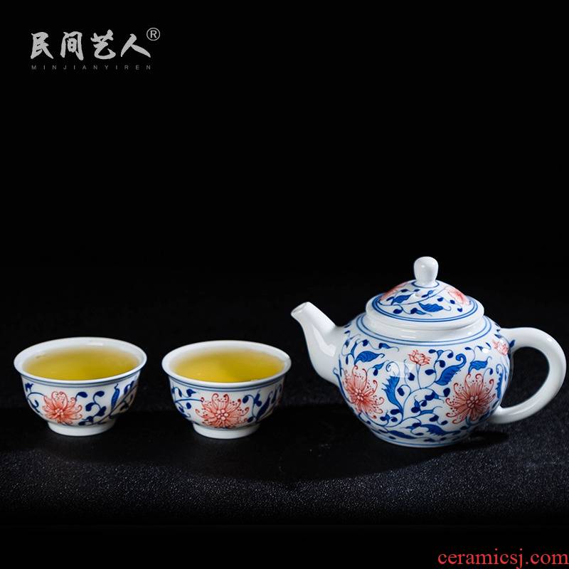 Jingdezhen blue and white youligong hand - made ceramic tea set kit kung fu tea set group 1 pot 2 take JinHe