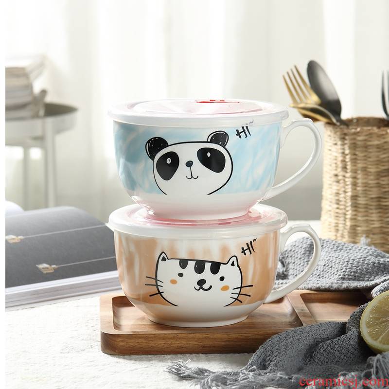 Use of the individual students' individuality express it in Japanese mercifully rainbow such as Bowl with cover with ceramic handle easy to clean large soup Bowl suit