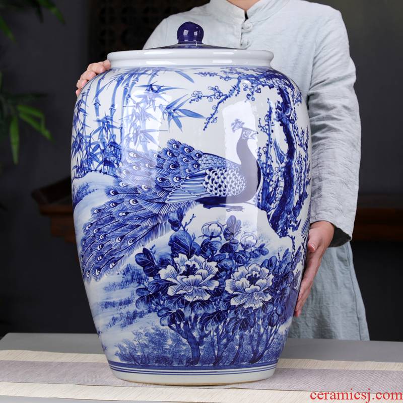 Hand draw the peacock blue and white porcelain tea pot size 50 large puer tea pot oversized detong cake tea storage tanks
